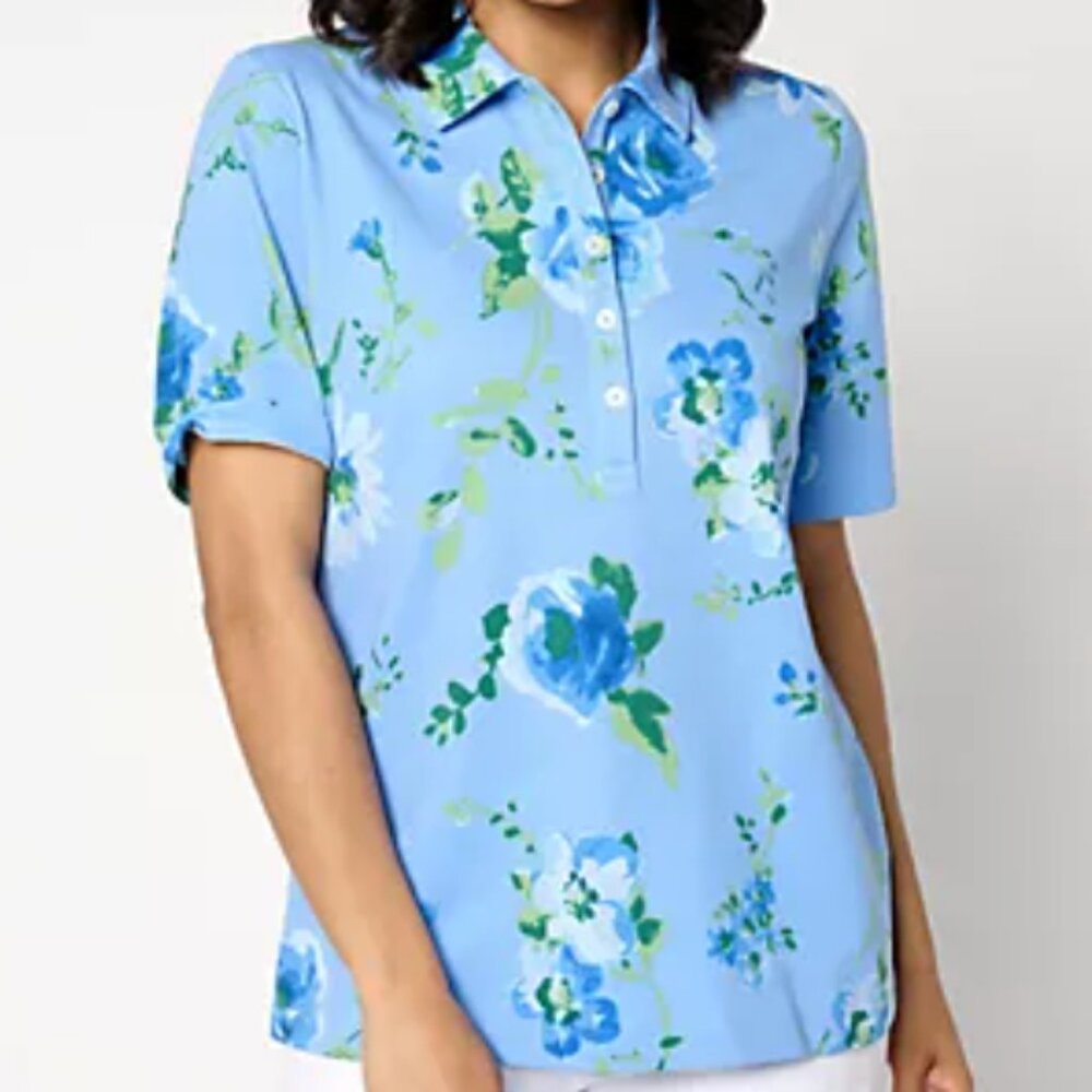 NWT Isaac Mizrahi Live Blue Floral Polo Golf Preppy Top